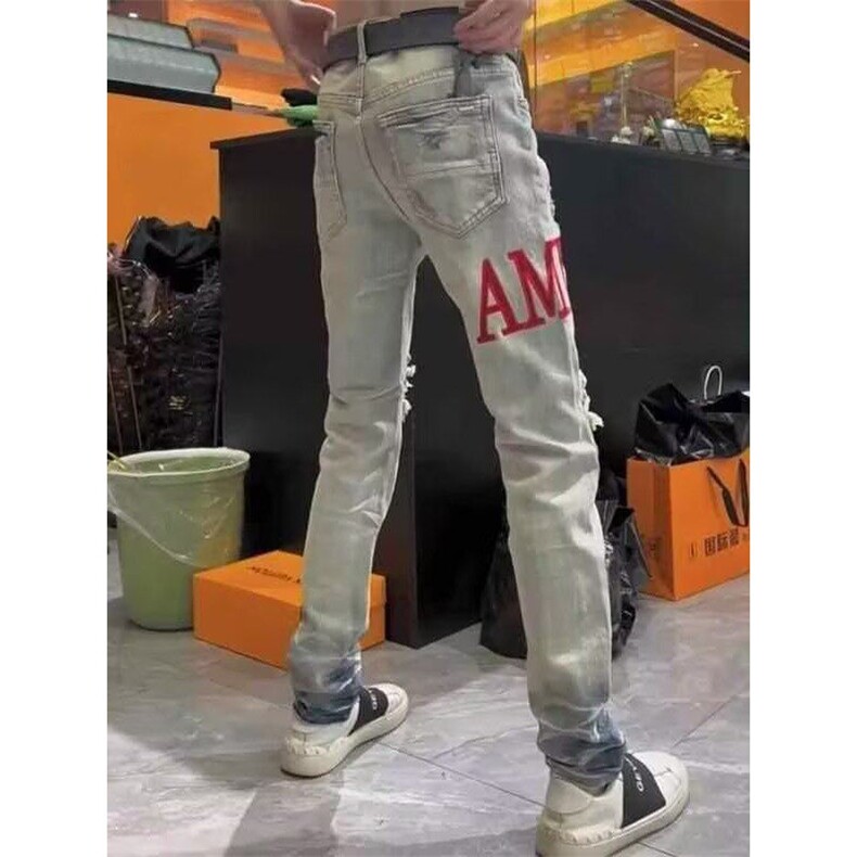 网络图破洞贴布牛仔裤高街美式修身显瘦休闲直筒牛仔裤,男装牛仔裤,星座410-7