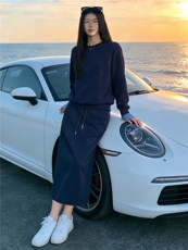 个性简约休闲时尚套装女春季袖口拼接色设计圆领卫衣半身裙两件套，女装套装/套裙，江南