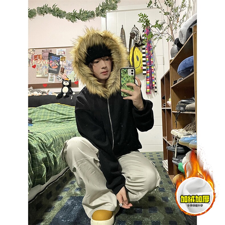 480G重磅加绒硬挺boxy秋冬美式高街超大毛领座山雕连帽卫衣厚外套图片