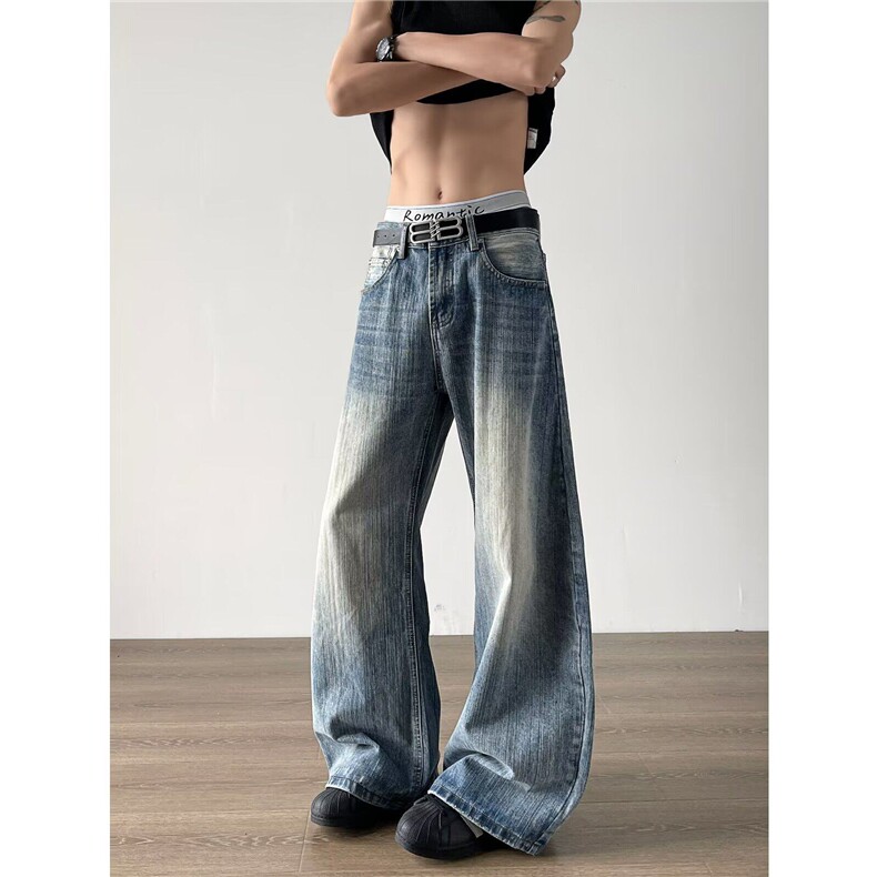 弯刀竹节纹牛仔裤男女韩版潮流高街帅2025夏季ins长裤RK2579-P52，男装牛仔裤，星座412-3