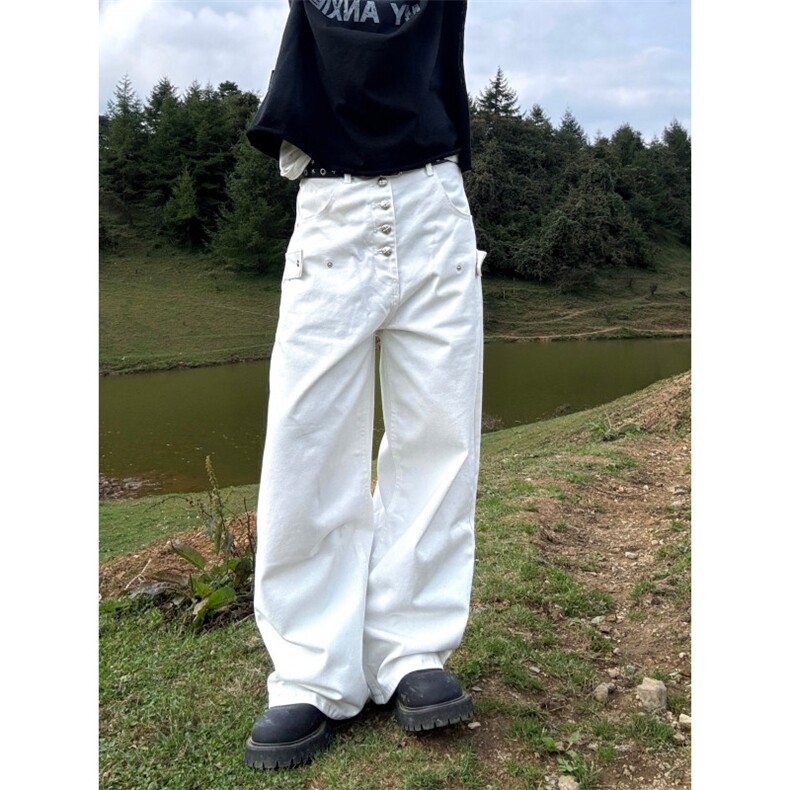 美式复古白色阔腿弯刀牛仔裤男女廓形宽松直筒镰刀裤图片