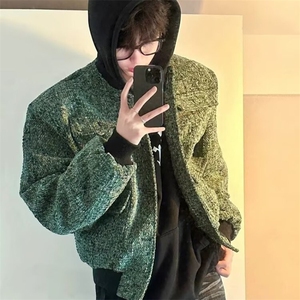 小香风短款毛呢外套男秋款高级感短宽松粗花呢工装夹克