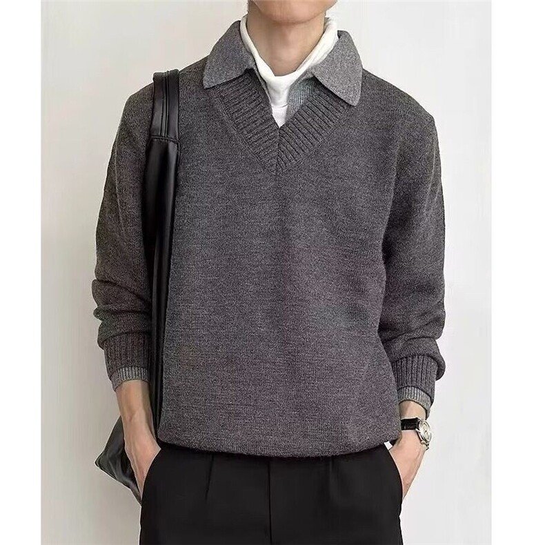 濮院毛衣男针织polo衫日系美式假两件V领文艺套头翻领LF113P65,男装针织衫/毛衣,电商D256-2(原A064-2)