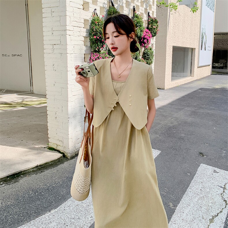 现货！薄款短袖西装吊带连衣裙两件套长裙套装5055P155K228，女装连衣裙，维壹