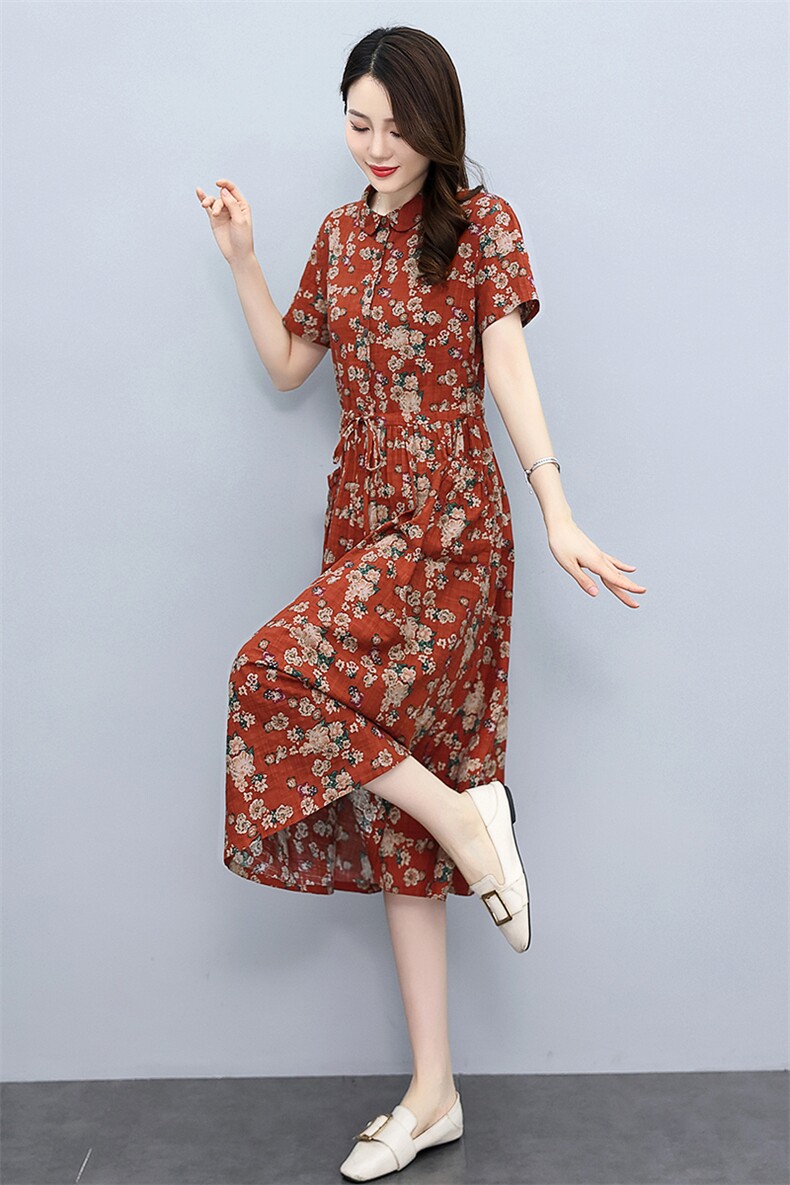 印花棉麻连衣裙女中长款2025夏季新款气质收腰显瘦减龄碎花衬衫裙,女装连衣裙,倪叶myz