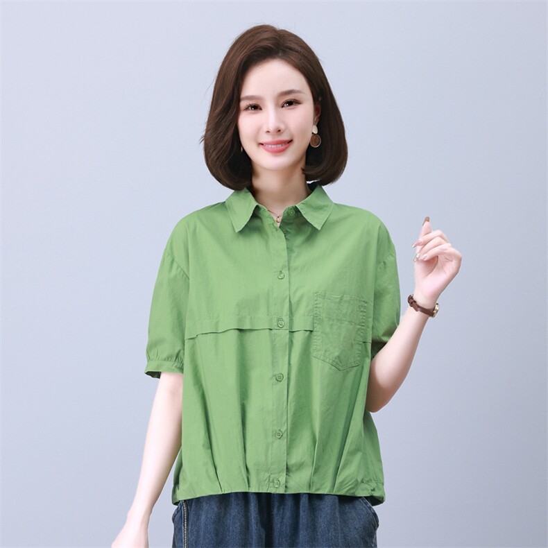 时尚宽松休闲抽绳上衣女短袖衬衫百搭显瘦气质衬衣,女装衬衫,叶笙衣