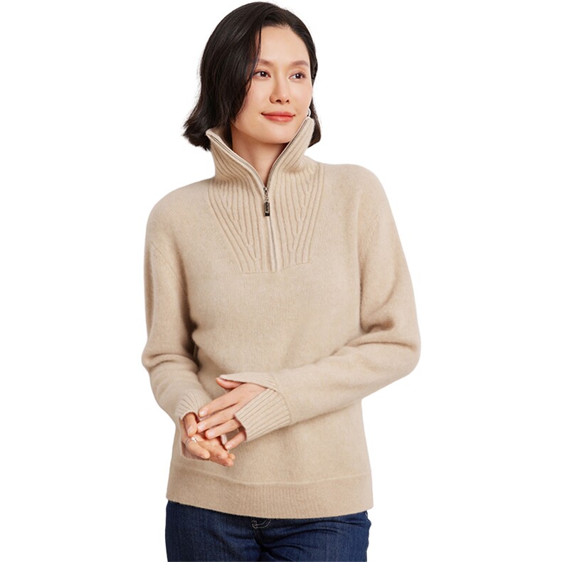 优雅女士半开拉链立领羊绒套衫舒适保暖时尚百搭,女装羊绒衫,臻维羊绒