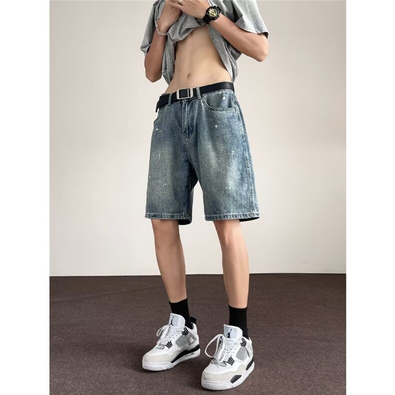 复古牛仔短裤男潮牌宽松休闲泼墨油漆痞帅五分裤夏季新款NM2061,男装牛仔裤,星座1116A-1（原606A）