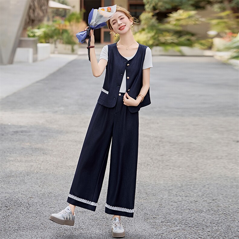 2025夏装新款洋气百搭无袖马甲上衣蕾丝花边直筒阔腿裤牛仔两件套，女装套装/套裙，衣之秀