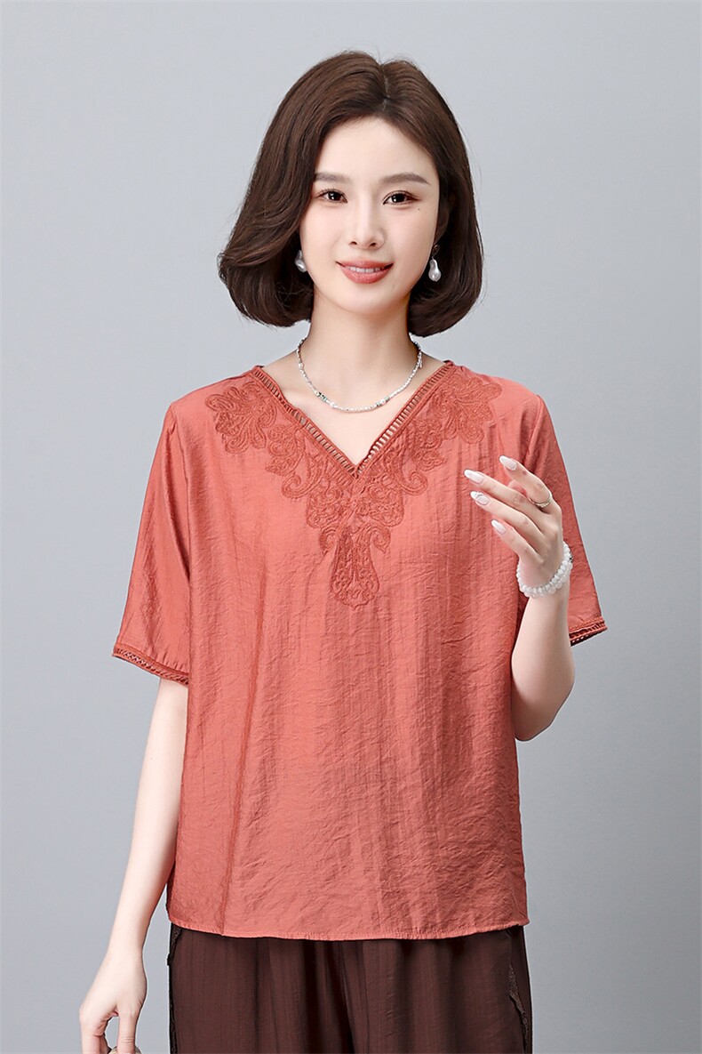 优雅刺绣V领短袖衬衫女夏季新款宽松显瘦百搭上衣气质女装,女装衬衫,叶笙衣