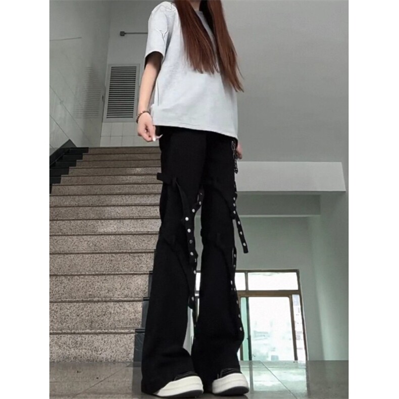 黑男美式高街纽扣绑带黑色牛仔裤小众设计感宽松直筒微喇裤子,男装牛仔裤,四季星座505