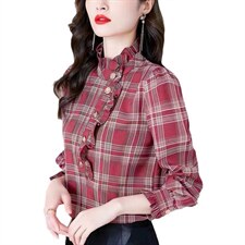 格子雪纺衬衫女士春装2021年新款秋时尚欧货上衣小衫长袖洋气衬衣，女装衬衫，潮品会