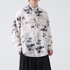 C8605P65无影墻高品质水墨印花盘扣新中式风唐装汉服衬衫，男装衬衫，电商A026