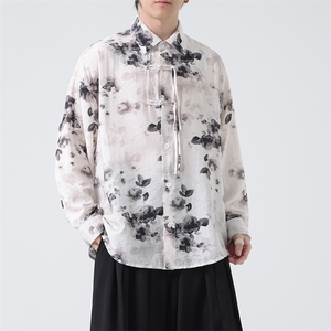 C8605 P65 无影墻 高品质水墨印花盘扣新中式风唐装汉服衬衫图片