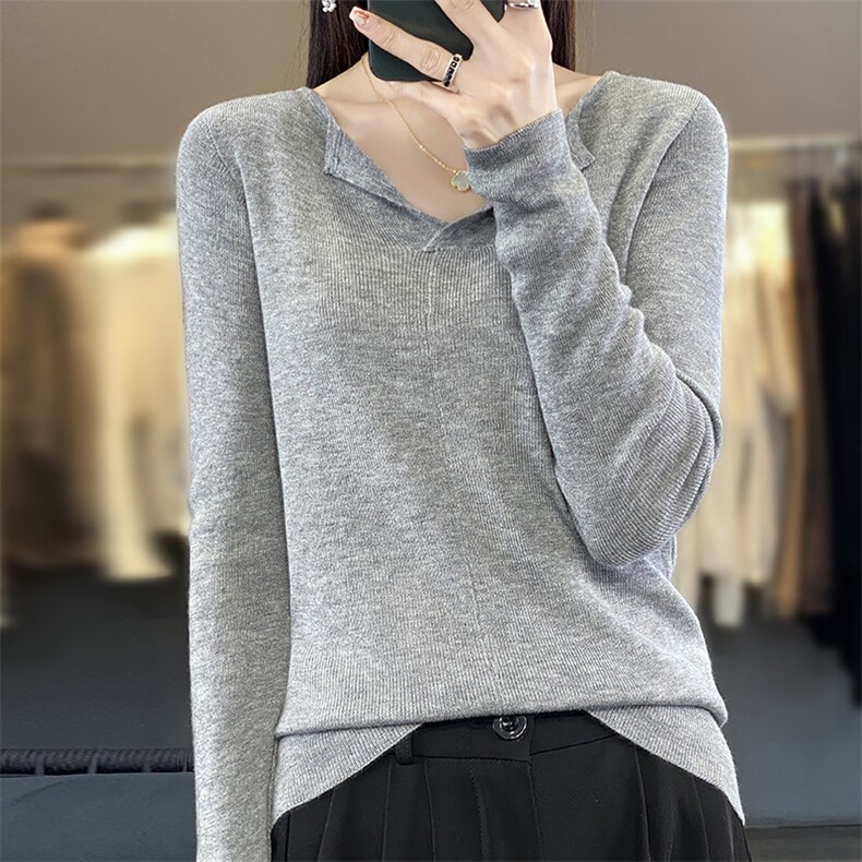 V领6%羊毛针织衫女2024秋季新款内搭打底衫长袖修身显瘦,女装羊毛衫,越洋羊