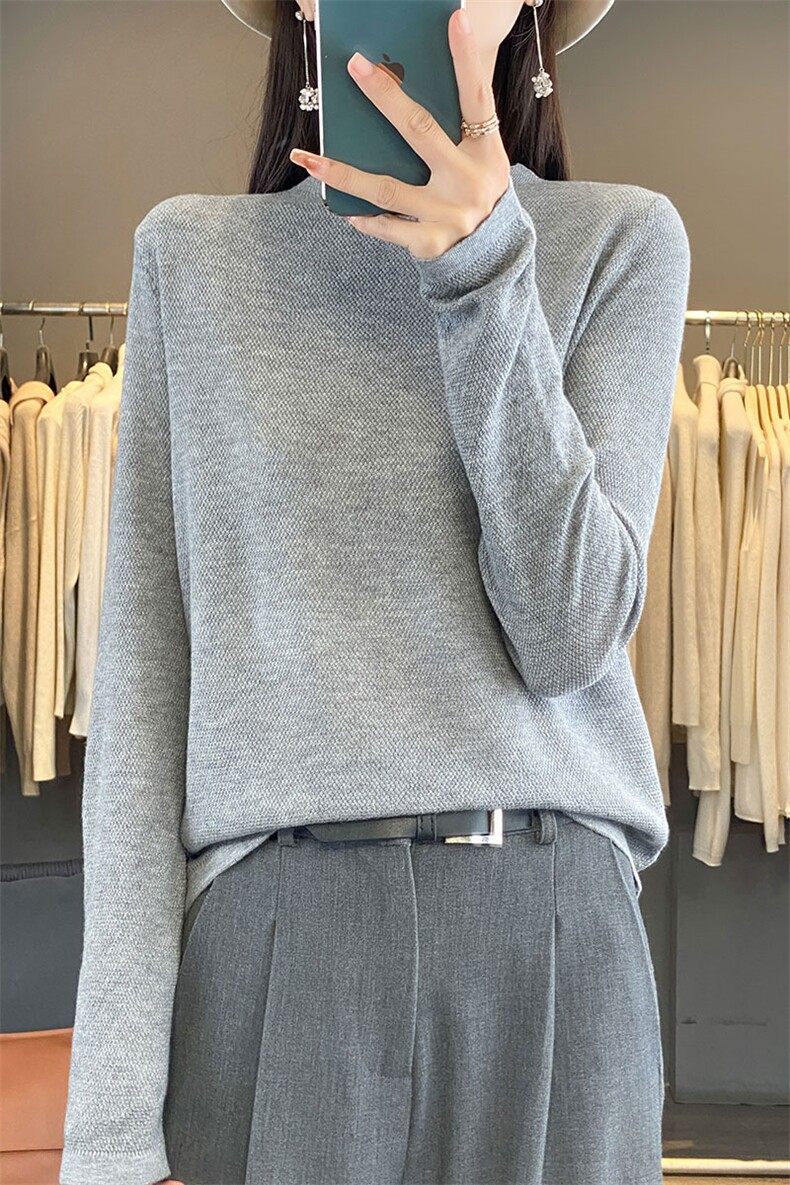 2024秋冬精仿薄款圆领针织打底衫上衣女纯色宽松百搭毛衣配大衣新,女装羊毛衫,佳绒包芯纱店