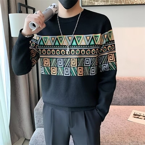 欧美风男潮牌针织衫秋季男款长袖羊毛衫花纹提花男毛衣 M845图片