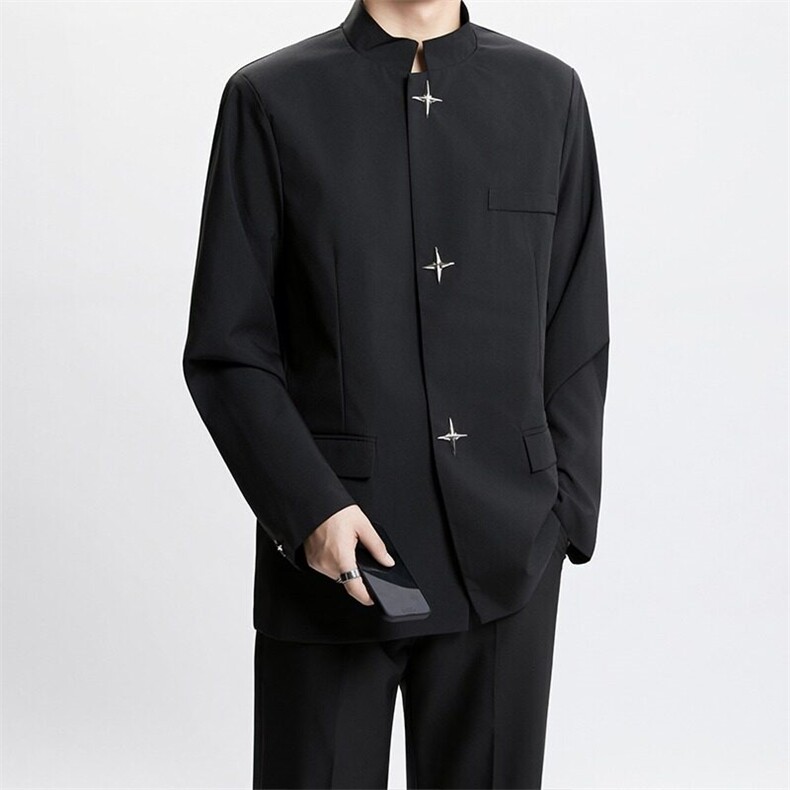 新中式西装外套男设计感金属扣垫肩西服立领中山装W6595-P62,男装西服套装,星座412-2