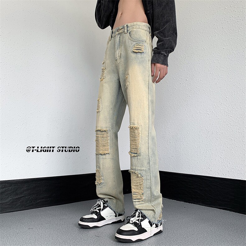 B221美式ins高街暗黑小众修身微喇破洞牛仔裤LK23055-P65控88,男装牛仔裤,电商B221