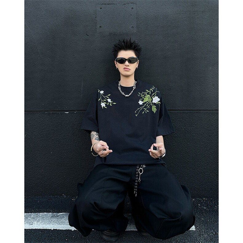 美式高街刺绣花卉短袖t恤男女夏季宽松刺绣字母情侣上衣T5083-P43,男装T恤,星座308B-1