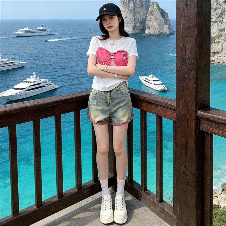 学院风网红时尚套装女夏款圆领刺绣蝴蝶结短袖阔腿牛仔短裤两件套,女装套装/套裙,江南