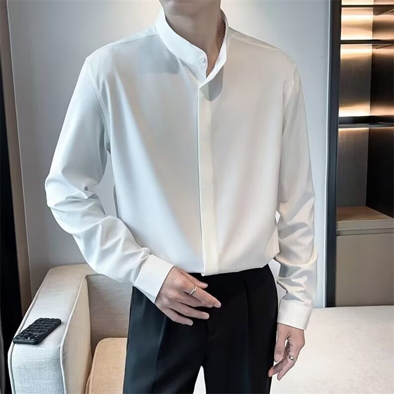 GS303P45立领长袖暗扣白色衬衣日系韩版新中式长袖衬衫外套,男装衬衫,星座1108-5