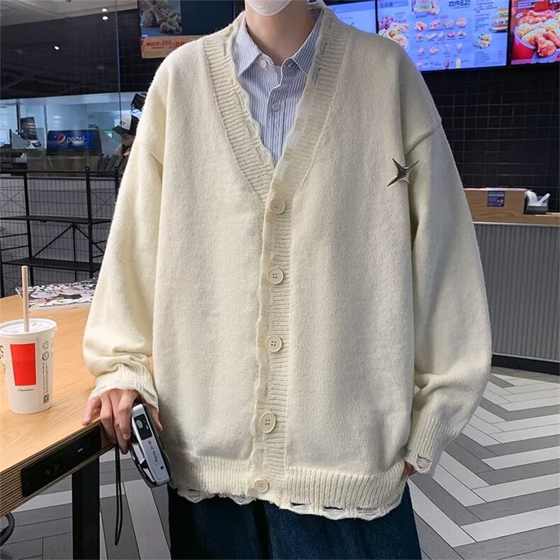 男破洞烂边设计V领针织开衫宽松日系复古毛衣M5061P42,男装针织衫/毛衣,星座1116-2