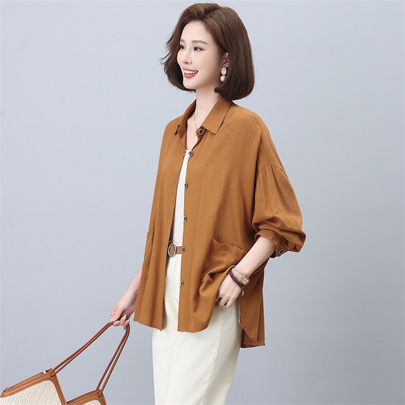 亚麻长袖衬衫女春秋2025年新款中年妈妈大码宽松休闲百搭衬衣上衣,女装衬衫,忆绮罗