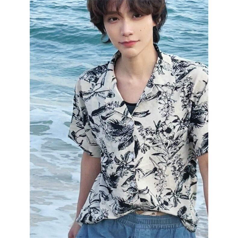 夏威夷古巴领花衬衫男冰丝短袖夏季泰旅行穿搭衬衣CS668-P40,男装衬衫,星座1007（原301D）