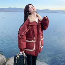 现货主推羊羔毛拼接红色休闲羽绒服5832-P305-K458，女装羽绒服，2C230