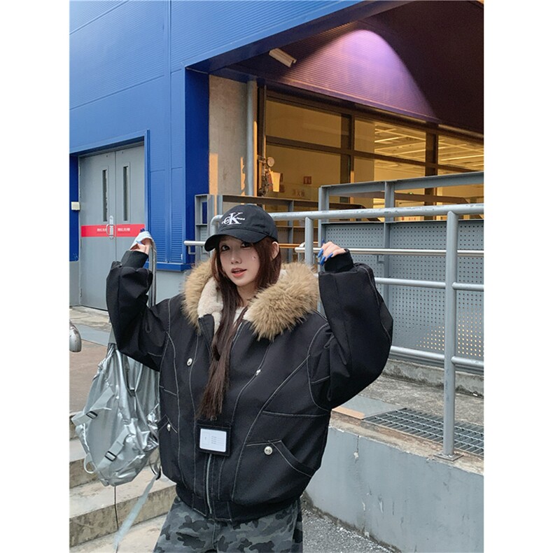 现货重磅boxy短款棉衣座山雕大毛毛领男女棉服水洗工装厚外套,男装棉衣,电商A486-1