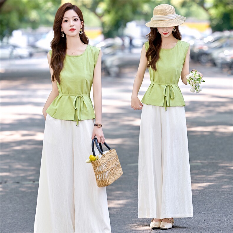 现货现货2025年夏季新款时尚休闲两件套裤女，女装套装/套裙，伊仟回