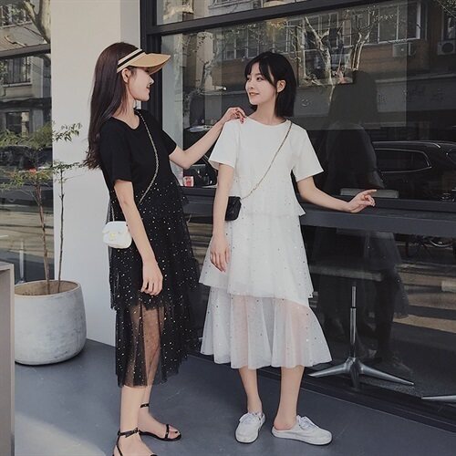2021夏装新款连衣裙仙小众森女系网纱亮片拼接闺蜜装中长款女装,女装连衣裙,红依娜