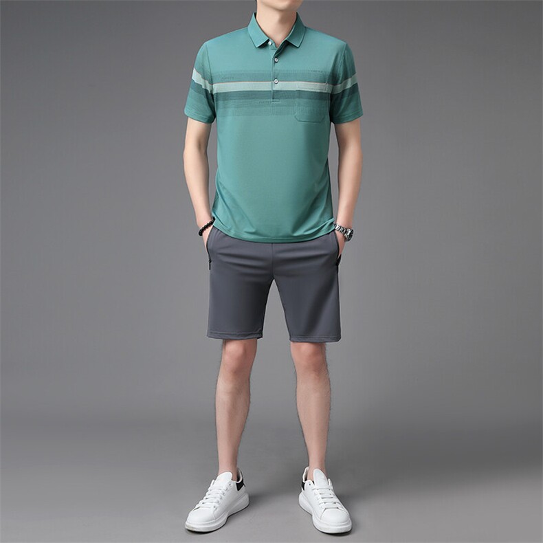 夏季中老年休闲运动套装冰丝短袖短裤爸爸装两件套爷爷衣服,男装休闲套装,钱塘6003（原4033）