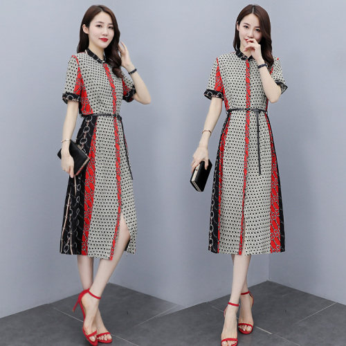 奥特莱斯撞色印花连衣裙女夏季翻领显瘦减龄气质衬衫裙，女装连衣裙，岚衣(原川流布茜）