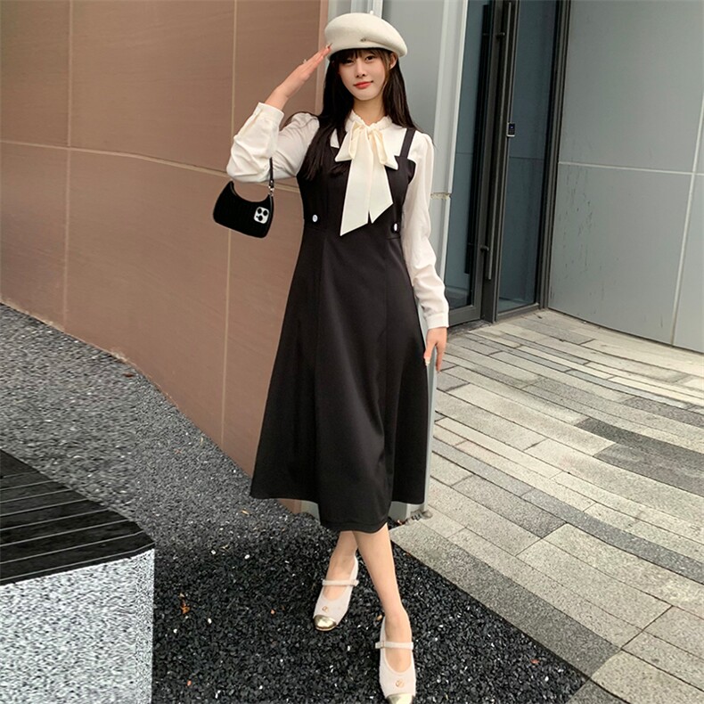 现货2024年春季女新网红时尚甜美收腰显瘦假两件拼色连衣裙,女装连衣裙,煊芮熙