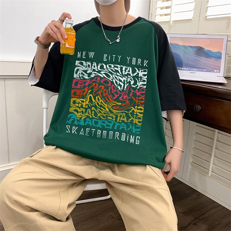 拼接品质高克重纯棉落肩港风大码宽松男士情侣圆领T恤控价49,男装T恤,星座301D-4(原星座1004-4）