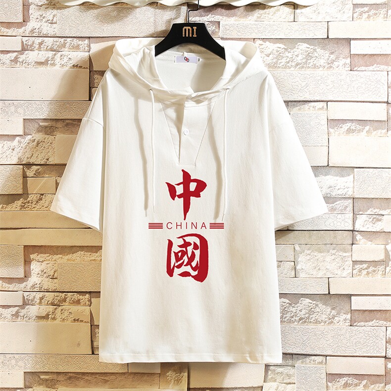LD54198-P45 连帽短袖t恤男大码胖子带帽五分袖中袖 砖墙挂拍图片