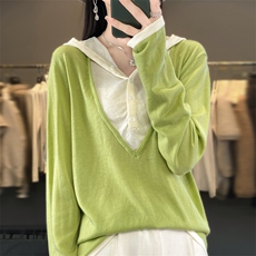 秋冬季新款毛衣女宽松显瘦时尚百搭假两件帽衫上衣，女装针织衫/毛衣，贵皇网供仓