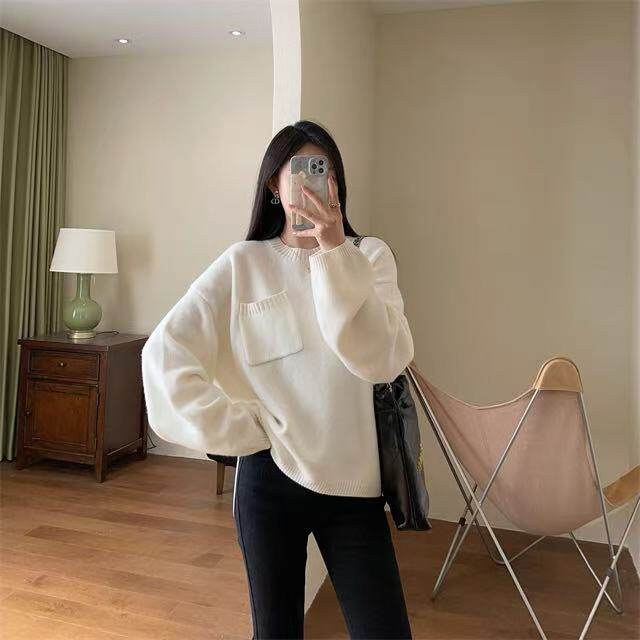 2025年秋季新款斜兜圆领纯色套头上衣时尚百搭，女装针织衫/毛衣，悦玛羊绒