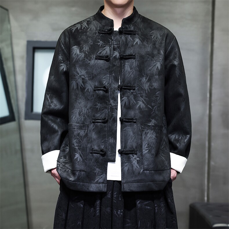 新款2025秋季麂皮绒烫金竹叶风盘扣夹克外套JK1818-P110，男装夹克，电商A021