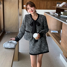 时尚小香风高级感撞色2024年蝴蝶结外套半身短裙两件套装裙，女装套装/套裙，流量+