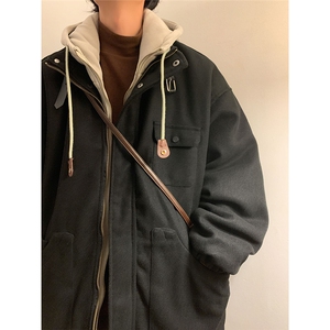 EQ158 冬季新款港风日系加厚毛呢大衣假两件连帽棉服棉衣外套P145图片