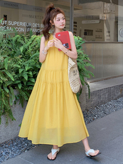 黄色甜美宽松无袖连衣裙女2025夏季新款韩版宽松简约初恋背心长裙，女装连衣裙，浙宝305
