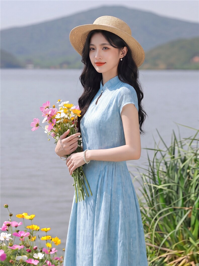 复古气质连衣裙女夏季新款女神范时尚收腰显瘦减龄中长款裙子,女装连衣裙,水衣源