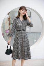 秋装新款上市：千鸟格连衣裙M一XXL，女装连衣裙，拉思维加丝