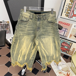 美式水洗做旧毛边流苏牛仔短裤潮牌新款宽松休闲直筒裤图片