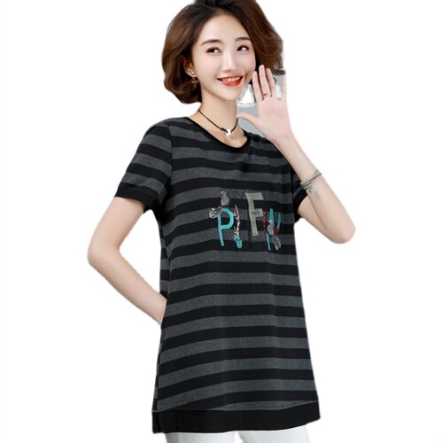 2021年夏季时尚潮流舒适简约个性拼色中长款短袖T恤，女装T恤，丽影随形