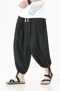 2025夏季新款风桃花皱面料宽松休闲抽九分裤黑色 K126-P55图片