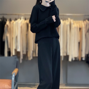 时尚显瘦大翻领针织套装女秋冬季新款气质百搭宽松两件套毛衣裤图片